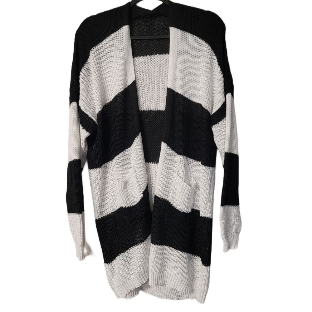 Open Striped Knit Cardigan Sweater Size 3XL Black and White